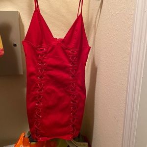 Red Strapless Skinny Dress with Cross Hatches Along The Sides